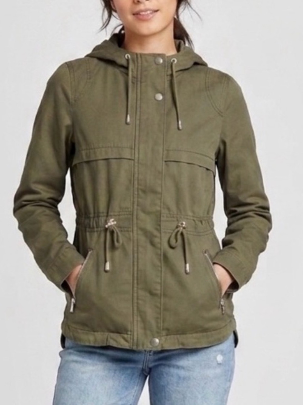 Divided Olive Green Hooded Utility Jacket w drawstrings & zipper/snap enclosure